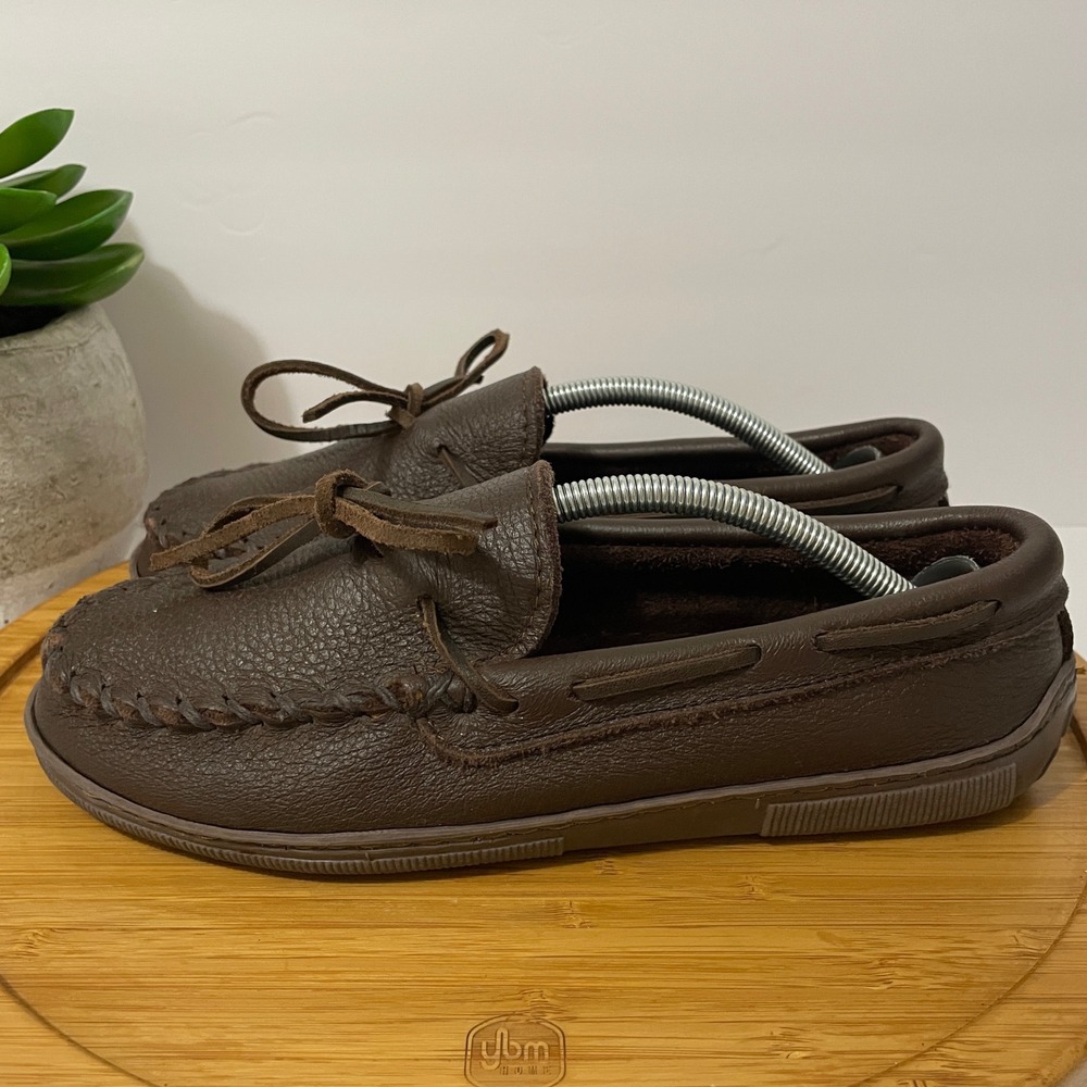 Minnetonka Brown Leather Moccasin Women's 7W Cozy Slip-On Loafer Comfort Shoe